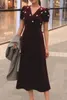 Spring Pearl flower Vintage Women Dresses V-Neck Fashion Long Elegance Red Velvet Empire Puff Sleeve Slim Clothing 210514