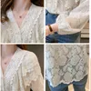 Puff Sleeve Lace Solid Kvinnor Blus V-Neck Plus Size Loose Shirts för Tops Broderi Office Lady Knappskjorta 13430 210512
