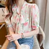 Yaz Kore Moda Şifon Kadın Gömlek Saten Ofis Lady Yay Kısa Kollu Gömlek Artı Boyutu XXL Mavi Bayanlar Tops Bluz 210531