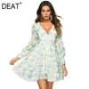 DEAT sommer V-ausschnitt laterne ärmel gedruckt A-linie hohe taille pullover schlank sexy kleid weibliche vestido WR36506L 210428