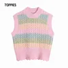 Toppies colete rosa suéter mulher sem mangas listrado de malha tops feminino doce cor arco-íris colete 210412