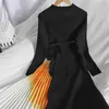 Kimutomo Elegant Patchwork Pleated Dress Women Half Turtleneck Long Sleeve Slim Waist Sashes Knitted Panelled Vestido Fashion 210521