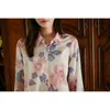 Pintura a óleo rosa floral manga longa top e blusa botão solto para cima camisa de colarinho cair mulheres coreano moda roupas 210427