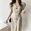 Coréen Chic rétro mince mode OL femmes brève taille haute col en v bureau dame coton lin longues robes 210421