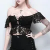 Kobiety Lato Topy Gothic Solid Lace Bandaż Krótki Rękaw Bluzka Off Casual Casual Femme Camisa Feminina Damskie Bluzki Koszule