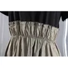 [EAM] Women Khaki Pleated Spliced Ruffle Dress Round Neck Short Sleeve Loose Fit Fashion Spring Summer 1DD8150 210512