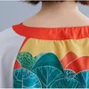 ジョニー教の夏の韓国のレトロなパッチワークプリントVネックハーフスリーブバットウィングスリーブTシャツファッション全てのマッチの女性トップス210521