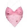 Propcm flor rosa cami colete v-pescoço halterneck y2k menina pó triângulo irregular triângulo lenço floral líquido gaze peito dobra