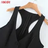 Tangada Womenビンテージ黒薄型ベストVネックボタンノースリーブ女性ウエストコートトップス3Z73 210609