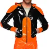 Vestes pour hommes Orange et noir veste en Latex Sexy avec fermetures à glissière poches sweats à capuche manteau en caoutchouc haut YF-0278