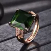 Vintage Carving Square Green Crystal Emerald Gemstones Diamonds Rings for Women Rose Gold Color Bague Fine Jewelry Party Gifts7460237