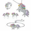 Kryształ Unicorn Pierścionki Naszyjnik Bransoletka Kolczyki Biżuteria Zestaw Cute Cartoon Rainbow Akcesoria dla kobiet