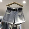 High Waist Women Blue Denim Shorts Summer Streetwear Female Casual Wide Leg Loose Fit Plus Size 2xl Jeans With Belt 210430