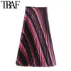 TRAF Women Chic Fashion Color Striped Pleated Midi Skirt Vintage High Waist Side Zipper Female Skirts Faldas Mujer 210415