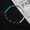 Reflective blue and white pearl cross stitching necklace personality clavicle chain short choker