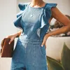 Sexy Backless Lace Up Jumpsuits Overalls Ruche Mouwloze Blue Denim Lange Broek Rits Wide Been Vintage Jumpsuits 210415