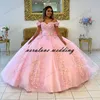 Rosa Quinceanera Klänningar Balklänning Off Shoulder 3D Rose Blommor Puffy Sweet 16 Klänning Kändis festklänningar Examen