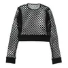 Mesh Tshirt Sexiga Fishnet Topp T-shirts Kvinnor Goth Se genom plus storlek Hollow Out Långärmad Slim Tee Punk Rock Streetwear