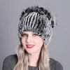 Beanie/Skull Caps Winter Dames Bloemen gestreepte natuurlijke echte rex bonthoeden dame warme gebreide echte Russische outdoor davi22