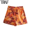 Women Chic Fashion With Darts Printed Bermuda Shorts Vintage High Elastic Waist Side Pockets Female Short Pants 210507