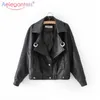 Aelegantmis Plus Size High Street Black Chaqueta de cuero de imitación Mujeres Soft Motorcycle Biker Ladies Loose Pu 210607