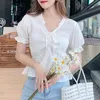 Summer Short Sleeve Woman's Blouses V Neck Puff Korean Drawstring Chiffon Blouse Solid Super Slim Shirts 10029 210508