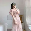 Sweet Summer Women Embroidery Mesh Dresses Ruffle Short Sleeve Square Collar High Waist Pink Midi Long Dress Vestido 10122 210417