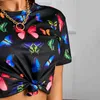 OMSJ Butterfly Printed 2 Piece Set Outfits Short Sleeve Round Collar T-shirt And Shorts Casual Fashion Lady Suits S-XXL 210517