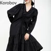 Коробов модной уличной одежды сплошные V-образные женские платья корейские рухнутые оборками с длинным рукавом платья Femme Harajuku A-Line Vestidos 210430