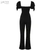 Sommar Kvinnor Elegant Svart Jumpsuit Sexig V Neck Kortärmad Klubb Lång Jumpsuits Celebrity Party Romper 210423