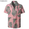 Mens Hipster Casual Manga Curta Hawaiiana Aloha Camisas Botão De Verão Down Homens tropicais Camisa de praia com bolso rosa 2xl 210522