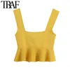 TRAF Kadınlar Tatlı Moda Ruffled Kırpılmış Örme Bluzlar Vintage Kare Yaka Kolsuz Askıları Kadın Gömlek Chic Top 210415