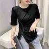 Temperament Handmade Nail Diamond Short Sleeve Slim Top Knitted T-shirt summer fashion women's clothing 210520