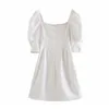 Estate elegante mini abito bianco moda donna manica a sbuffo pieghettato partito es colletto quadrato abiti tunica casual 210515