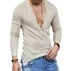 Heren herfst linnen t-shirt mannelijke sexy diepe v-hals slim fit t-shirts casual wit lange mouw Tee Tops S-2XL
