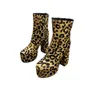Европейская роскошь мода женская короткая сапоги высокий толстый каблук тик k нижняя водонепроницаемая платформа сексуальный леопардовый печать кожаный банкетный ботинок s размер 35-41