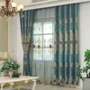 European Style Curtain for Living Room Bedroom Light Luxury Embroidered Chenille Curtain Door Window Drapes Blue Color 211203