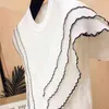 Three-layer ruffles chiffon patchwork ice silk knitted sweater women Korean o-neck thin pullover black white tops summer 210810