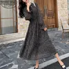 Bahar Moda Şifon Elbise Kore Moda Kadınlar Uzun Kollu Bir Çizgi Baskı Pileli Elbise Casual Kadınlar Robe Femme 8315 50 210528