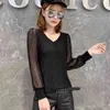 Kvinnor Tee Shirt Bomull Solid Färg Mesh T Spring V-Neck Casual Top Koreanska Hipster Svart Tshirt S-3XL T03017B 210421