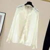 Autumn V-neck Lantern Sleeve Lace Blouse Women Office Lady Elegant Apricot Cardigan Shirts Solid Female Clothing 12515 210508