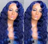 Long Blue/Wine Red Deep Wave Wigs Lace Frontal Synthetic Wig Simulation Human Hair For American Black Women 150%