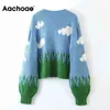 Aachoae O Cou Casual Imprimer Tricoté Chandail Femmes Lanterne À Manches Longues Lâche Tops Dame Doux Chaud Pull Chandail Jumper Sueter 210413