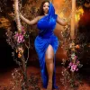 African Royal Blue Prom Dresses One Shoulder Side Split Plus Size Velour Mermaid Evening Dress Party Gowns WJY591