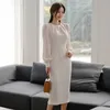 한국 패션 여성 Bodycon 드레스 가을 긴 소매 미디 작업 연필 슬림 사무실 레이디 파티 멍청이 210603