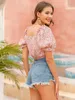 Fashion Boho Printed Women T-Shirt Ruched Puff Sleeve Summer Holiday Tees W9155 210526