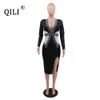 Qili Sexy Deep Vネックメッシュとラインストーンドレス女性長袖スプリットダイヤモンドドレスレッドブラックブルーグリーンプラスサイズS-4XL X0521