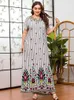 Siskakia Plus Size Dress Chic Neckline Embroidery Stripe Long Dress Short Sleeve Summer Comfortable Viscose Print Arab Clothing 210331