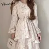 YitimuCeng Floral Print Sukienki dla kobiet Lace Up High Waist Blue Coffee Sundress Wiosna Lato Moda Szyfonowa Sukienka 210601