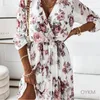 Dorywczo Suknie Elegancki Szyfonowa Linia Plisowana Sukienka Kolana Kobiety Moda Jesień V Neck Floral Print Opasted Folds Party Vestidos